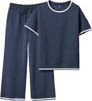 Women's 2 Piece Outfits Textured Sweatsuit 3/4 Batwing Sleeve Crew Neck Pullover Top Wide Leg Pant Tracksuit Set