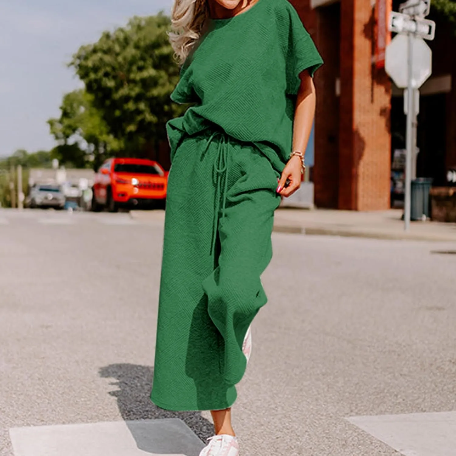 Women's 2 Piece Outfits Textured Sweatsuit 3/4 Batwing Sleeve Crew Neck Pullover Top Wide Leg Pant Tracksuit Set