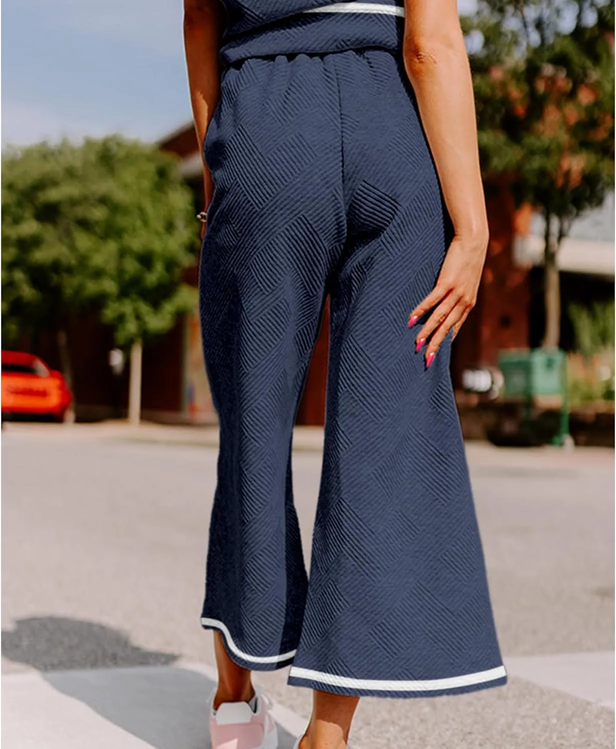 Women's 2 Piece Outfits Textured Sweatsuit 3/4 Batwing Sleeve Crew Neck Pullover Top Wide Leg Pant Tracksuit Set