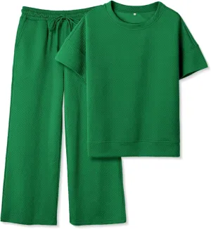 Women's 2 Piece Outfits Textured Sweatsuit 3/4 Batwing Sleeve Crew Neck Pullover Top Wide Leg Pant Tracksuit Set