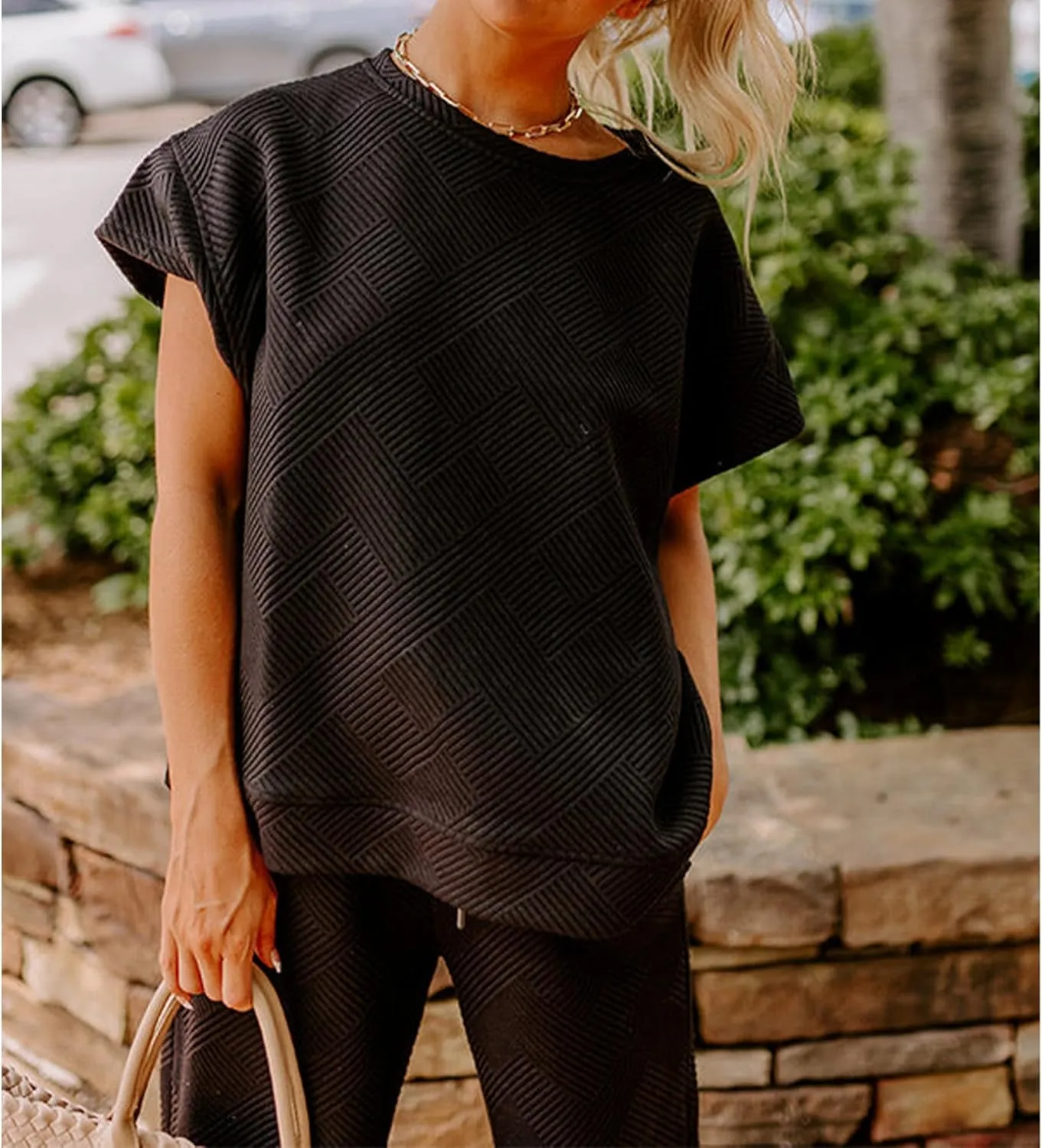 Women's 2 Piece Outfits Textured Sweatsuit 3/4 Batwing Sleeve Crew Neck Pullover Top Wide Leg Pant Tracksuit Set