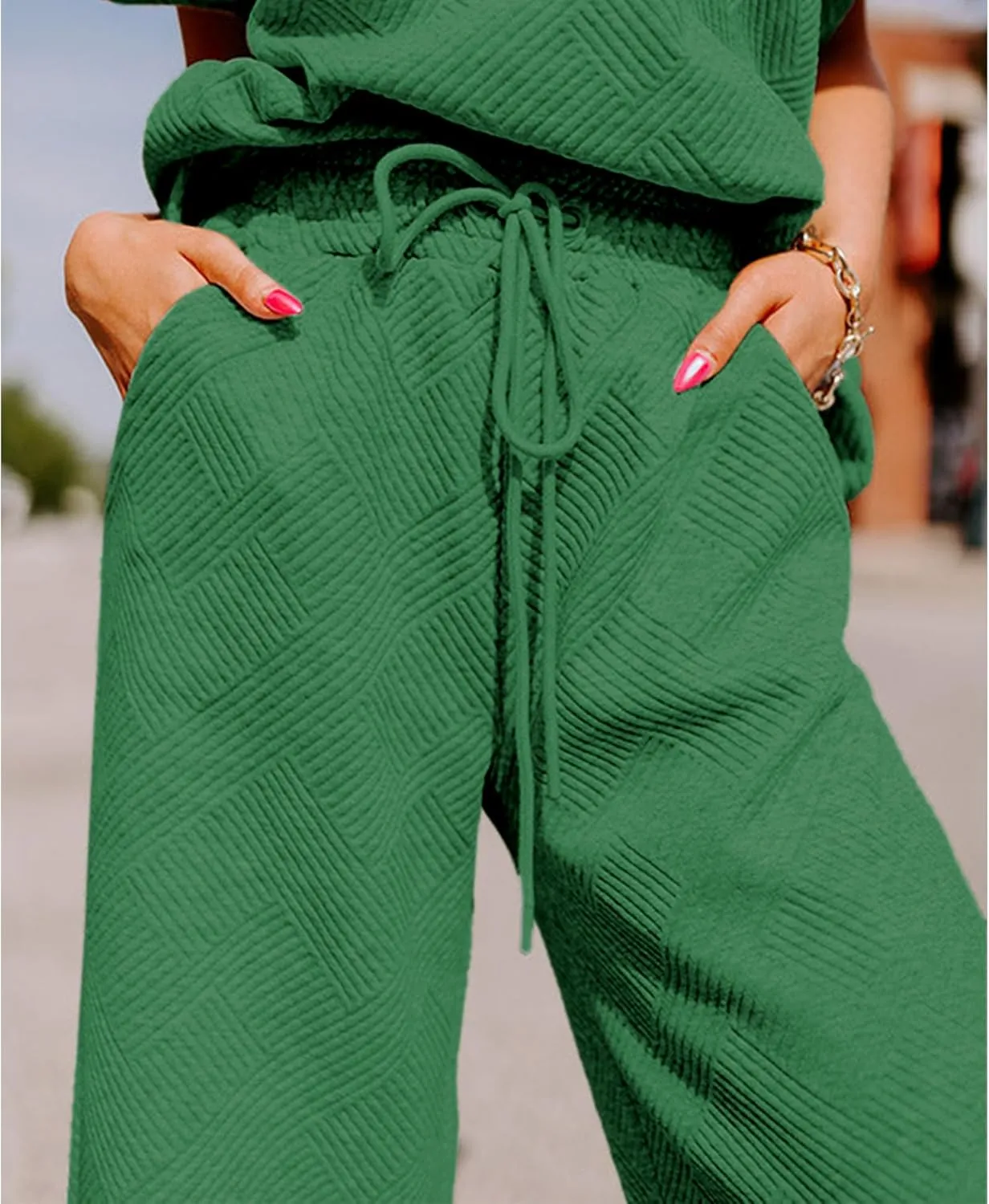 Women's 2 Piece Outfits Textured Sweatsuit 3/4 Batwing Sleeve Crew Neck Pullover Top Wide Leg Pant Tracksuit Set