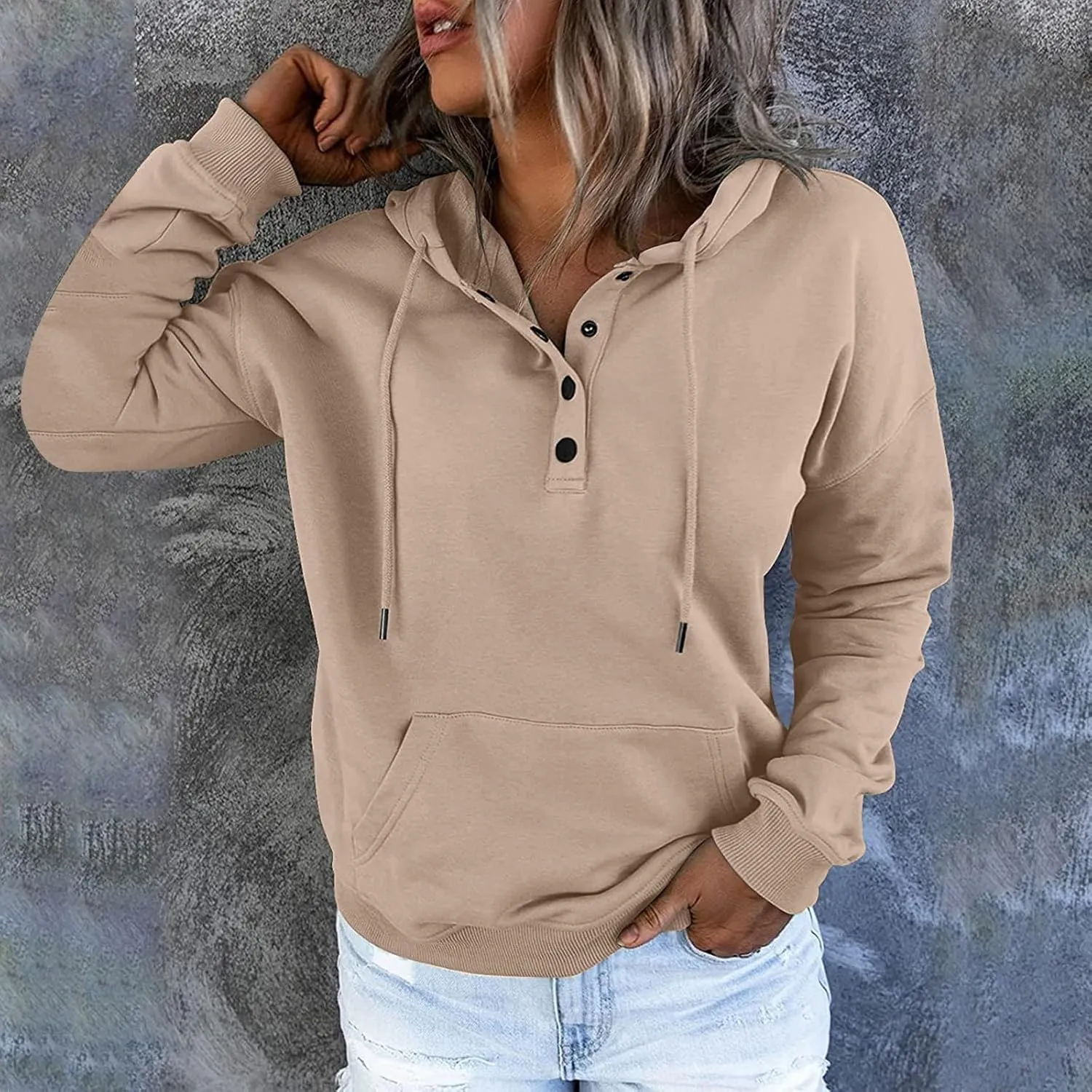 Womens 2024 Hooded Button Collar Drawstring Hoodies Pullover Sweatshirts Casual Long Sleeve Tops Shirts