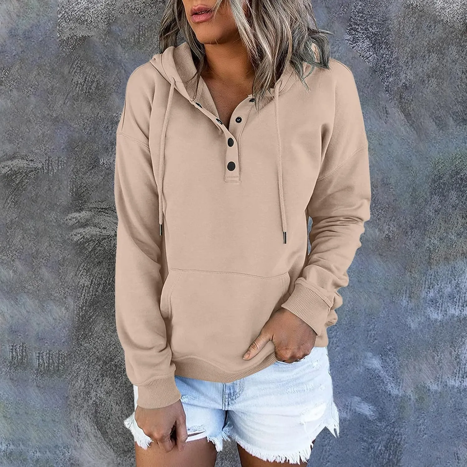 Womens 2024 Hooded Button Collar Drawstring Hoodies Pullover Sweatshirts Casual Long Sleeve Tops Shirts