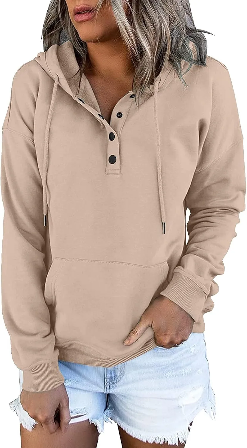 Womens 2024 Hooded Button Collar Drawstring Hoodies Pullover Sweatshirts Casual Long Sleeve Tops Shirts