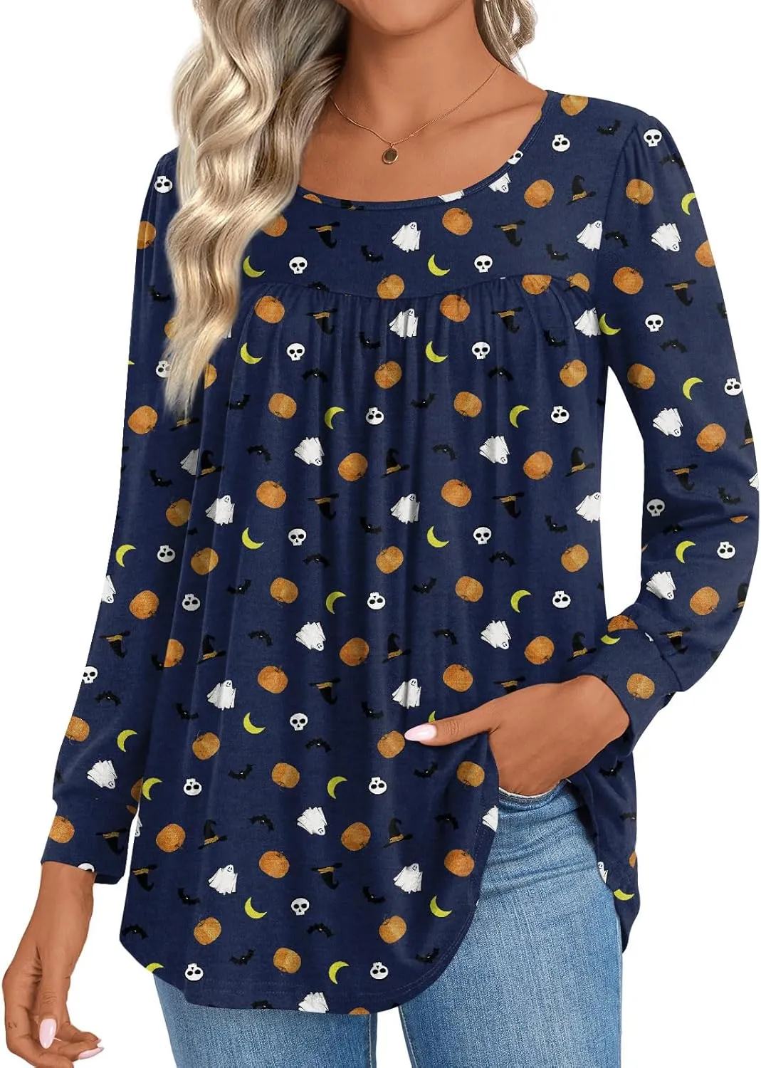 Womens 2025 Casual Tunic Tops Fall Long Sleeve Blouse Warm Pleated Flowy Crewneck Tshirt For Legging