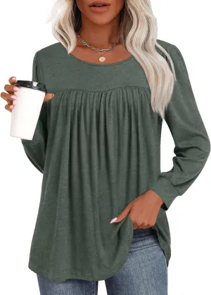 Womens 2025 Casual Tunic Tops Fall Long Sleeve Blouse Warm Pleated Flowy Crewneck Tshirt For Legging