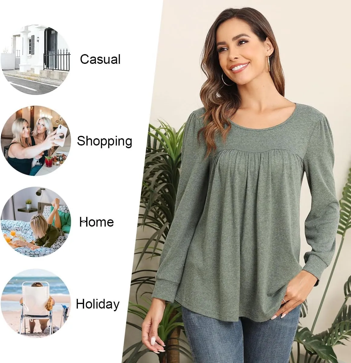 Womens 2025 Casual Tunic Tops Fall Long Sleeve Blouse Warm Pleated Flowy Crewneck Tshirt For Legging