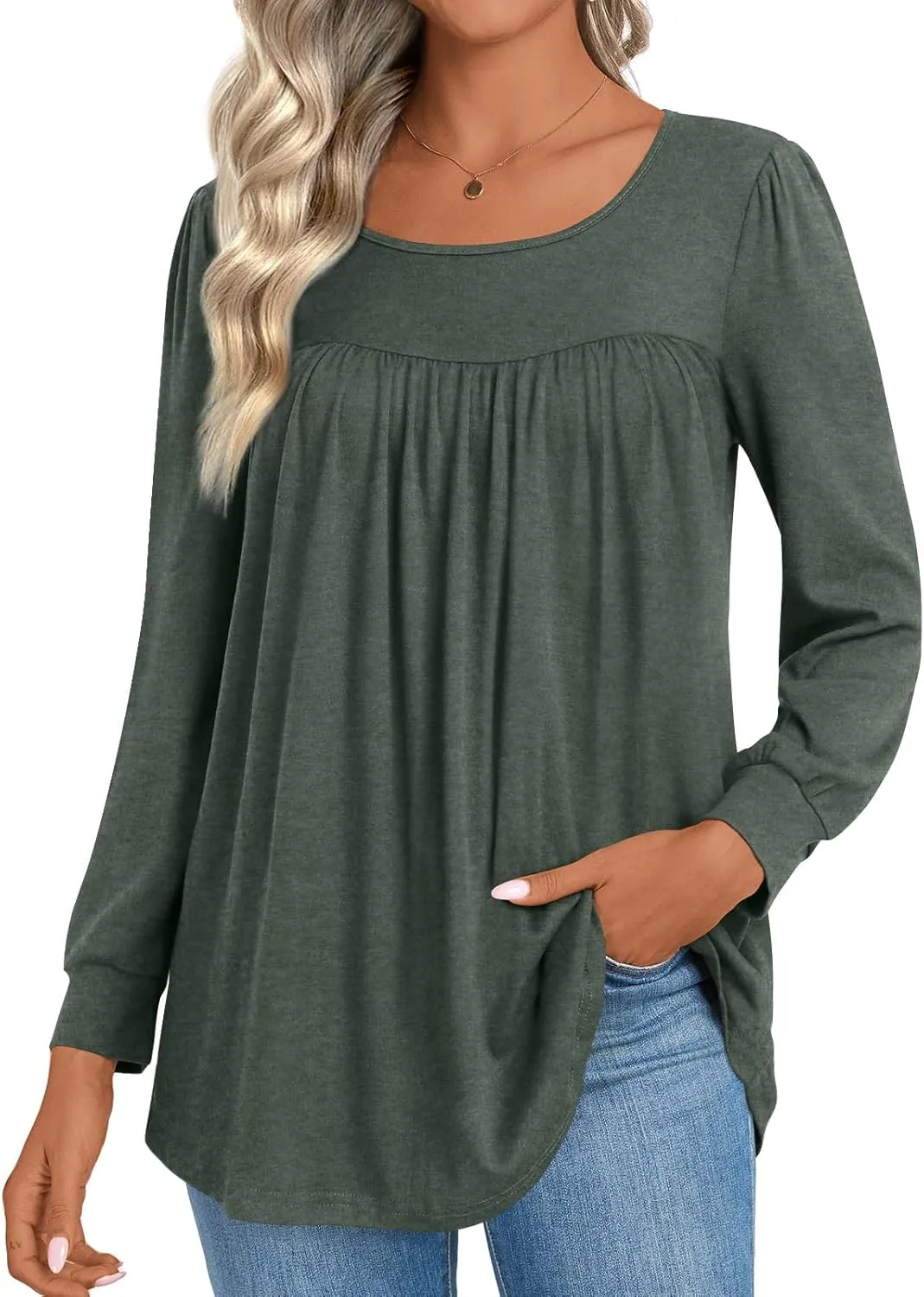 Womens 2025 Casual Tunic Tops Fall Long Sleeve Blouse Warm Pleated Flowy Crewneck Tshirt For Legging