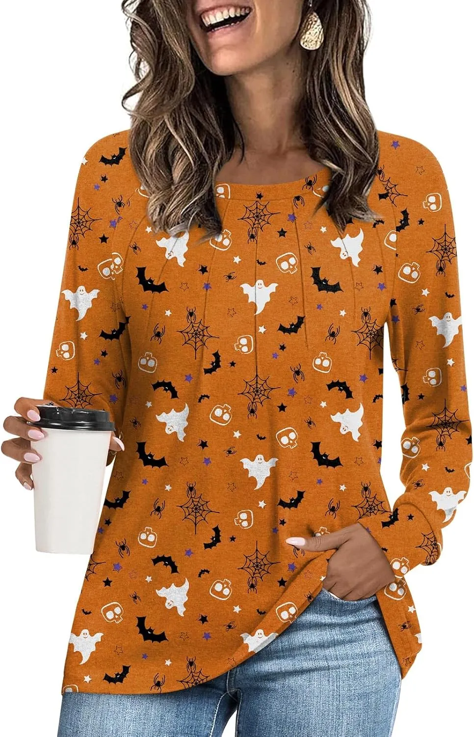 Womens 2025 Fall Tunic Tops Casual Long Sleeve Pleated Blouse Warm Loose Dressy Tshirt For Legging