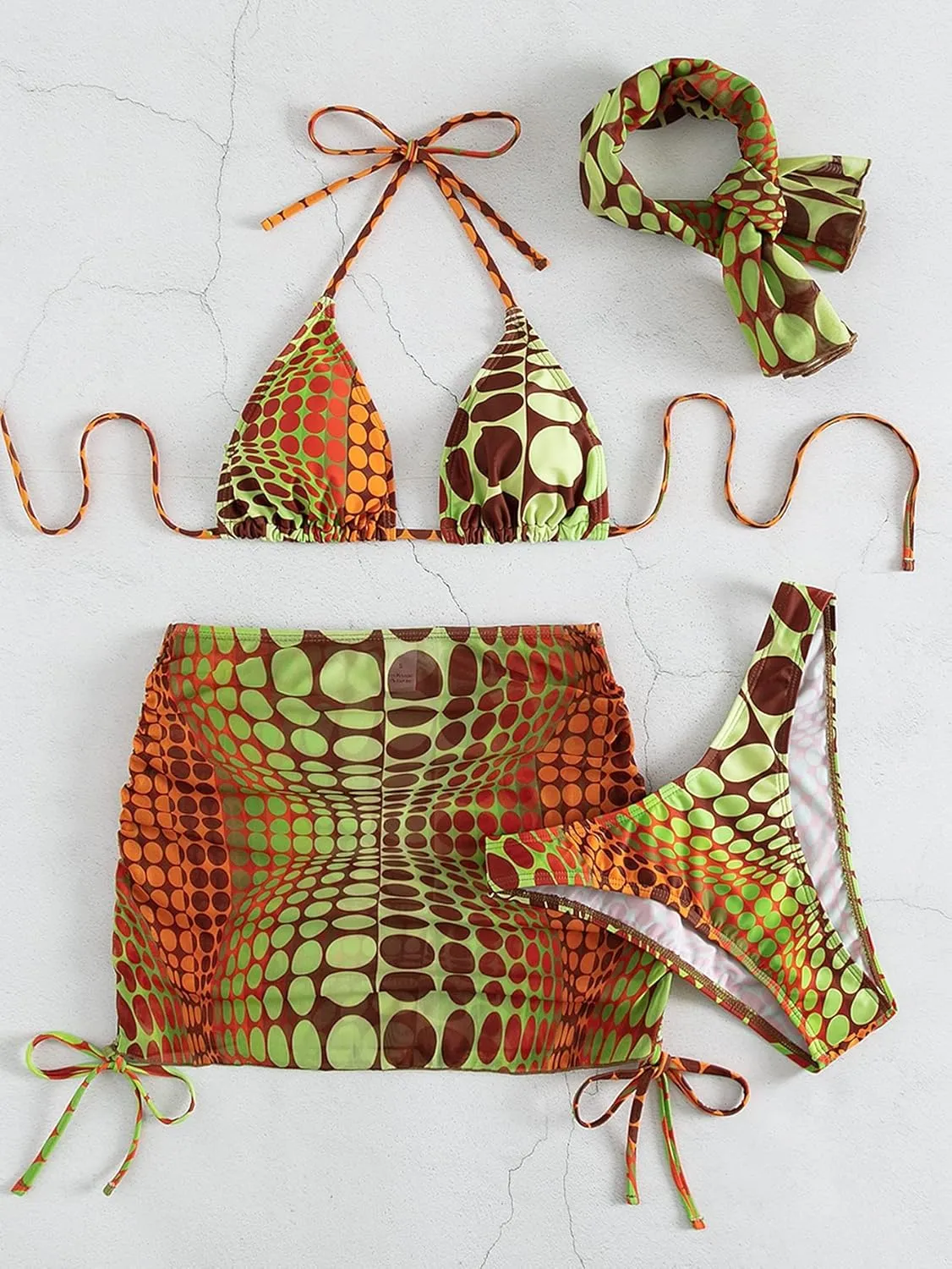 Women's 4 Piece Swimsuits Halter Triangle Bikini Sets Bathing Suit with Mesh Cover Up Skirt & Bandana