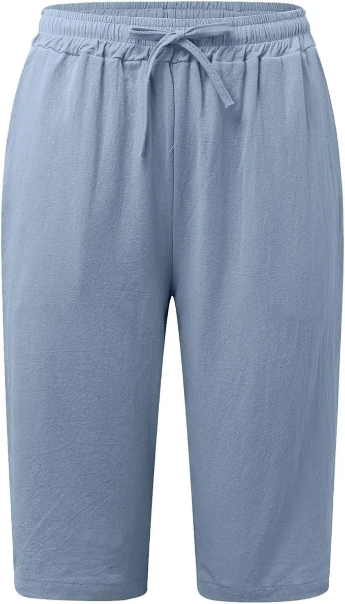 Womens Bermuda Shorts Solid Color Linen Casual Side Lace Summer Drawstring Pants with Pocket for Beach Vacations