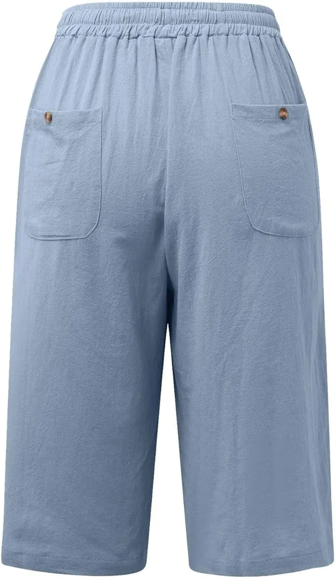 Womens Bermuda Shorts Solid Color Linen Casual Side Lace Summer Drawstring Pants with Pocket for Beach Vacations