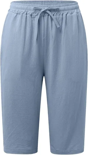 Womens Bermuda Shorts Solid Color Linen Casual Side Lace Summer Drawstring Pants with Pocket for Beach Vacations