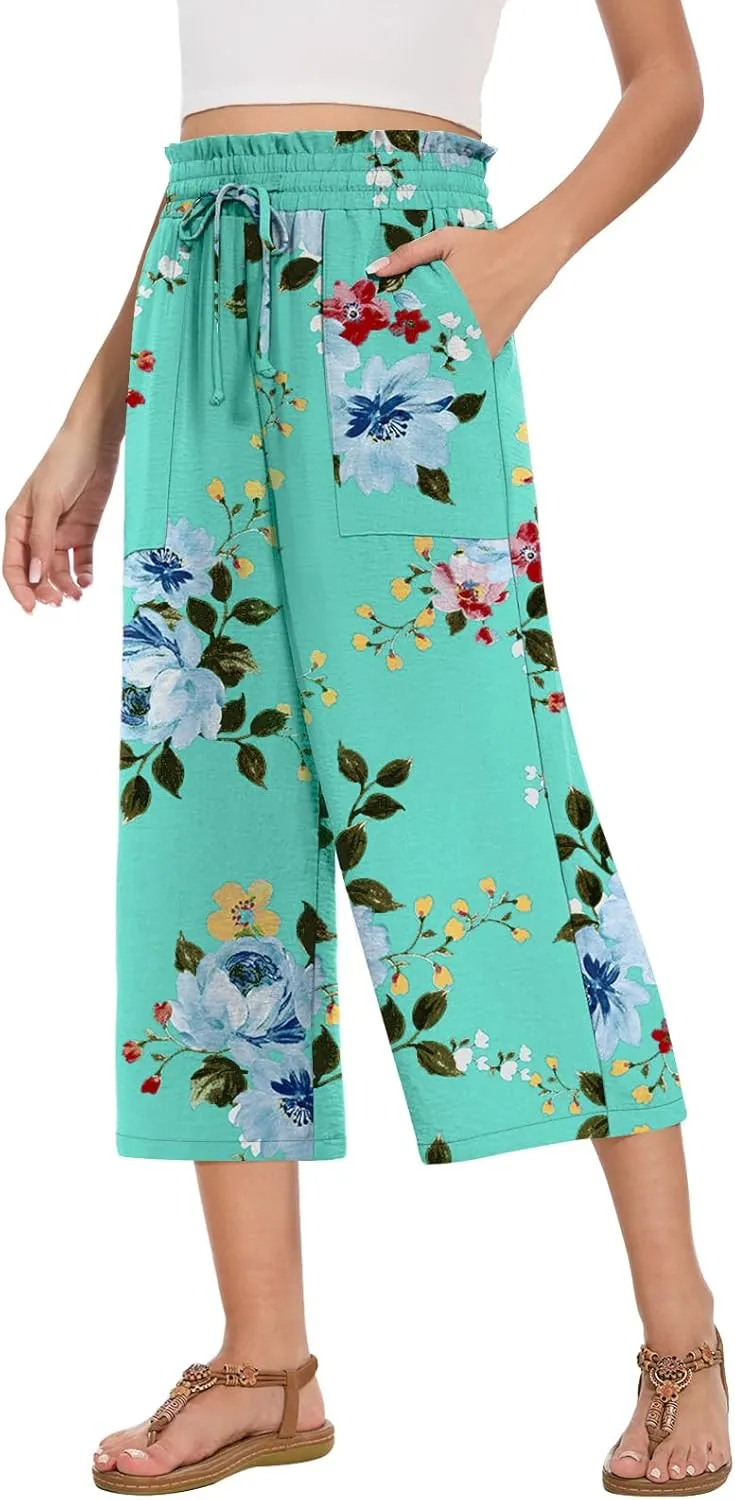 Womens Capri Pants Summer Wide Leg High Waisted Pants Drawstring Casual Trousers with Pockets