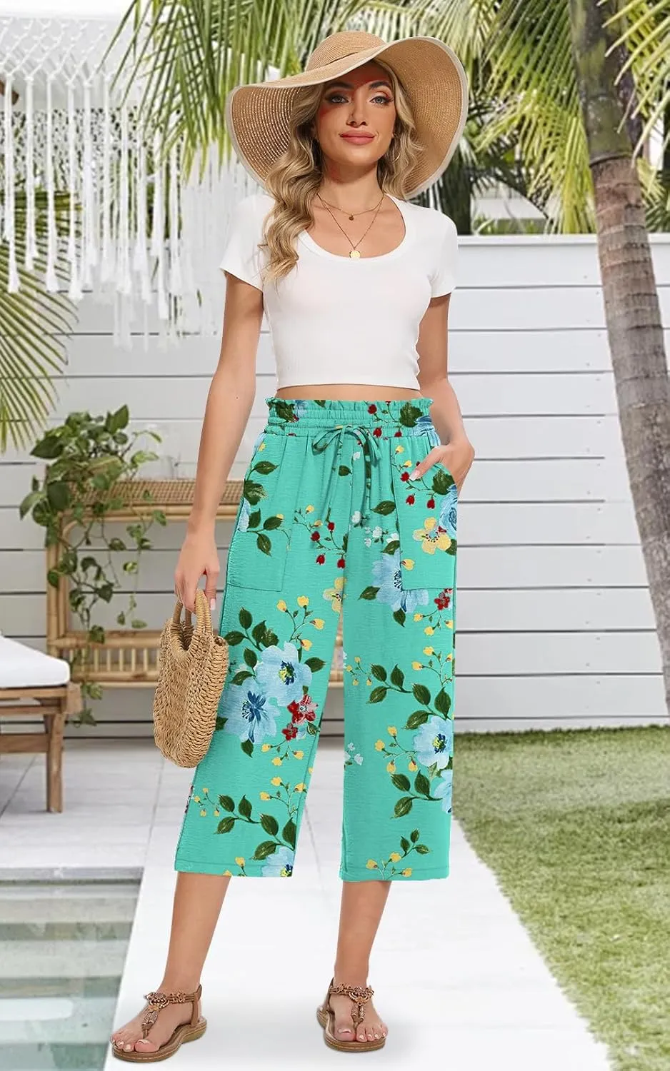 Womens Capri Pants Summer Wide Leg High Waisted Pants Drawstring Casual Trousers with Pockets
