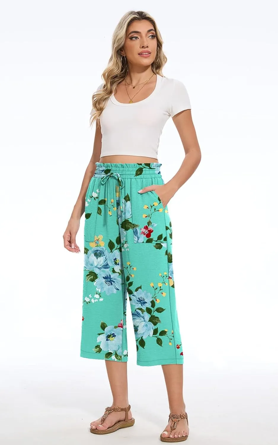 Womens Capri Pants Summer Wide Leg High Waisted Pants Drawstring Casual Trousers with Pockets