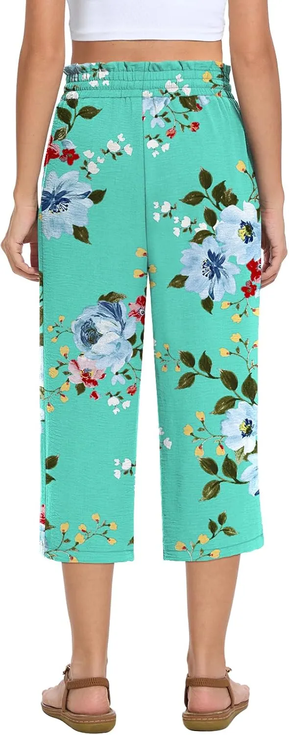 Womens Capri Pants Summer Wide Leg High Waisted Pants Drawstring Casual Trousers with Pockets