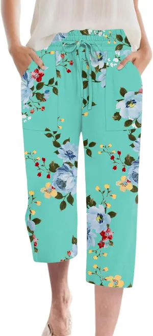 Womens Capri Pants Summer Wide Leg High Waisted Pants Drawstring Casual Trousers with Pockets