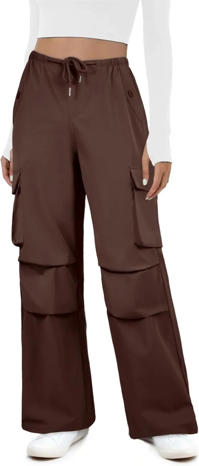 Womens Cargo Pants Elastic Waist Wide Leg Parachute Pants with 4 Pockets Baggy Hiking Trousers Travel Y2K Waterproof