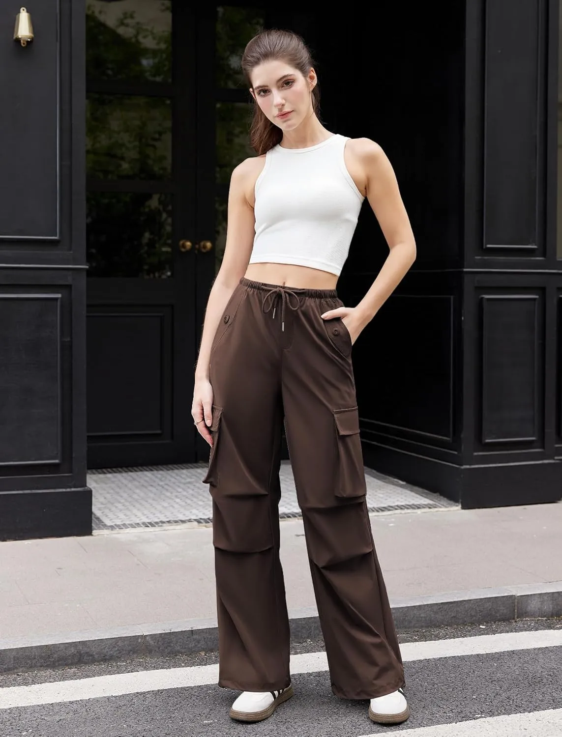 Womens Cargo Pants Elastic Waist Wide Leg Parachute Pants with 4 Pockets Baggy Hiking Trousers Travel Y2K Waterproof