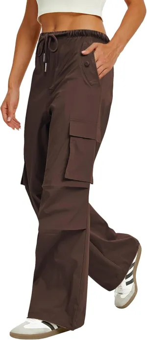 Womens Cargo Pants Elastic Waist Wide Leg Parachute Pants with 4 Pockets Baggy Hiking Trousers Travel Y2K Waterproof