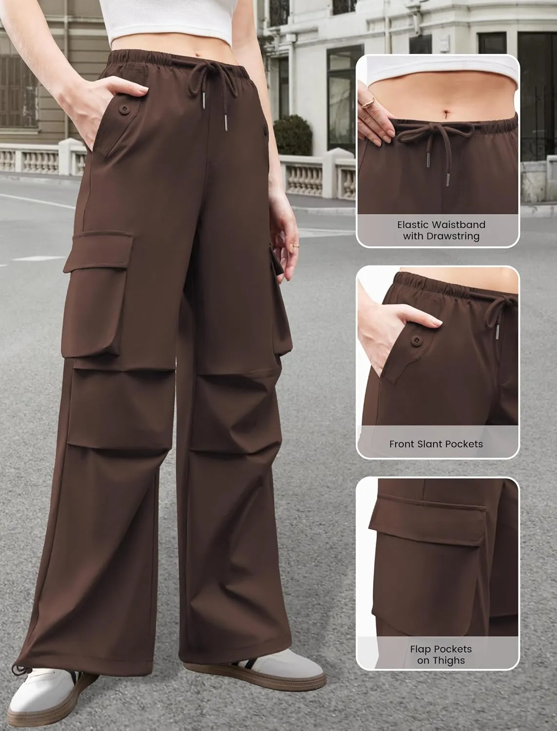 Womens Cargo Pants Elastic Waist Wide Leg Parachute Pants with 4 Pockets Baggy Hiking Trousers Travel Y2K Waterproof