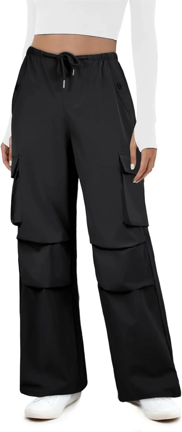 Womens Cargo Pants Elastic Waist Wide Leg Parachute Pants with 4 Pockets Baggy Hiking Trousers Travel Y2K Waterproof