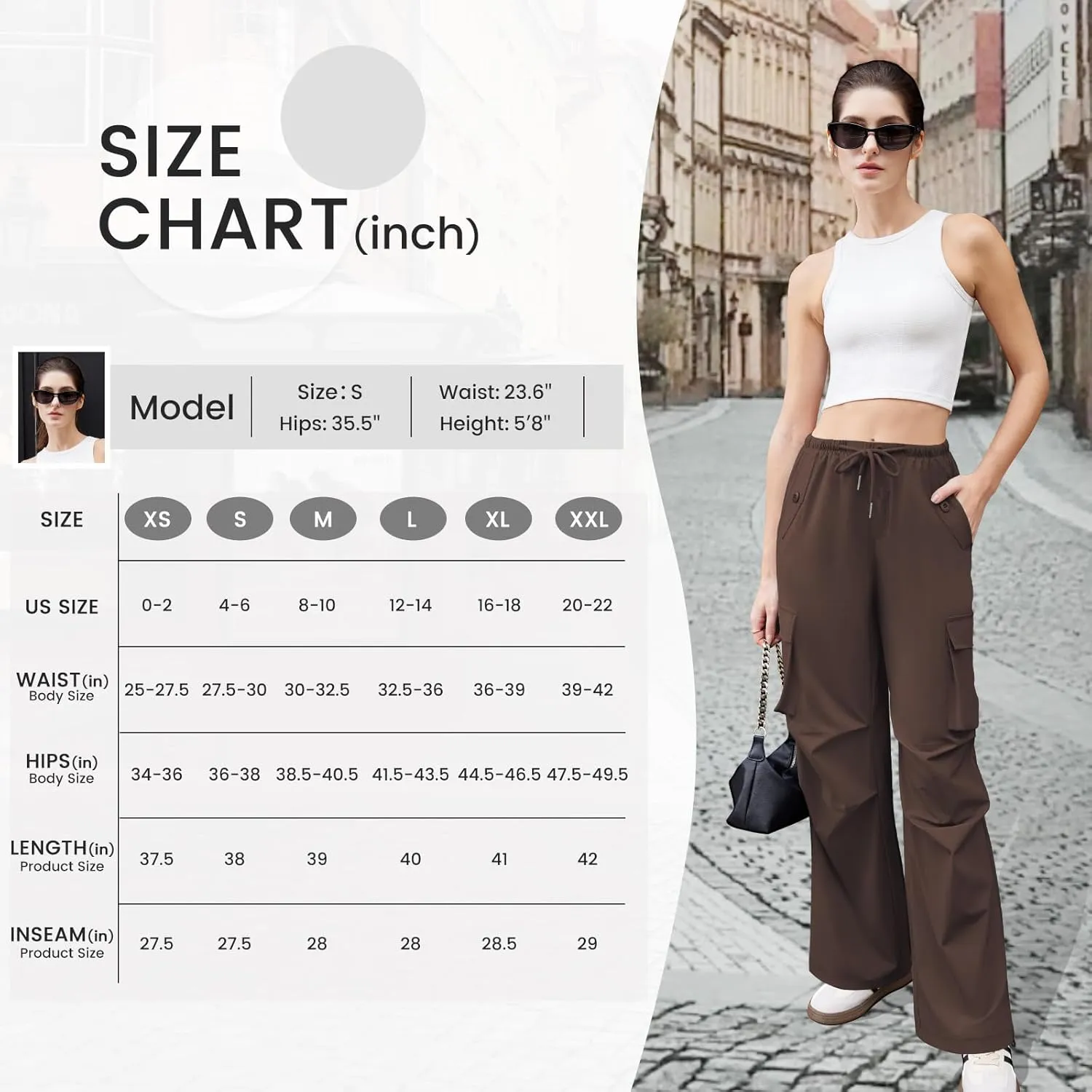 Womens Cargo Pants Elastic Waist Wide Leg Parachute Pants with 4 Pockets Baggy Hiking Trousers Travel Y2K Waterproof