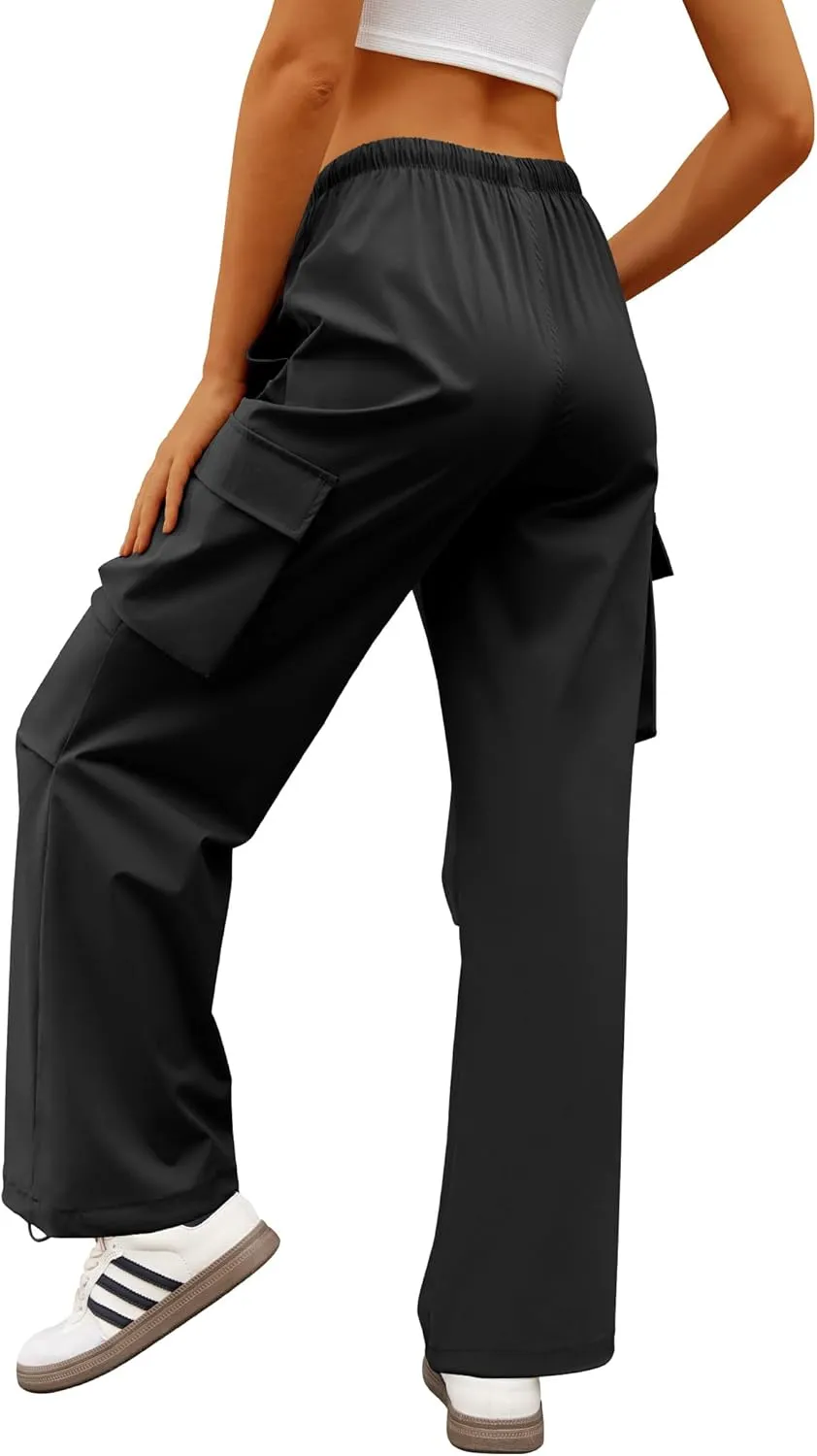 Womens Cargo Pants Elastic Waist Wide Leg Parachute Pants with 4 Pockets Baggy Hiking Trousers Travel Y2K Waterproof
