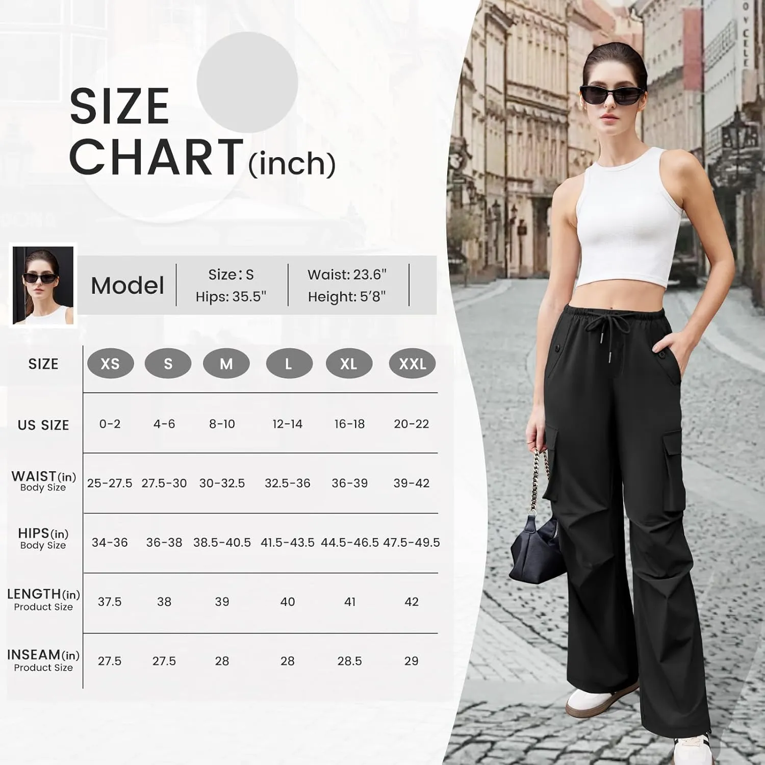 Womens Cargo Pants Elastic Waist Wide Leg Parachute Pants with 4 Pockets Baggy Hiking Trousers Travel Y2K Waterproof
