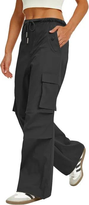 Womens Cargo Pants Elastic Waist Wide Leg Parachute Pants with 4 Pockets Baggy Hiking Trousers Travel Y2K Waterproof