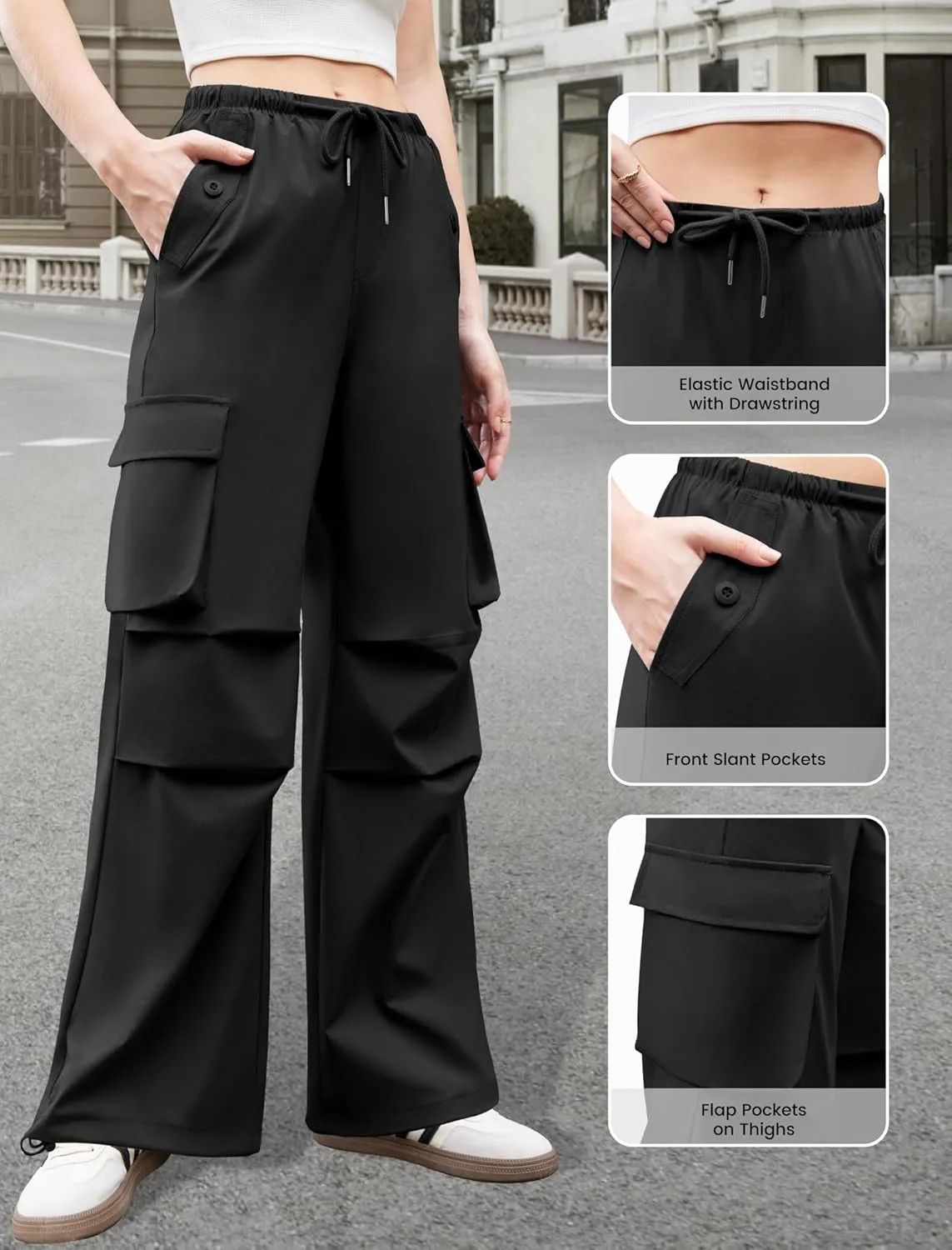 Womens Cargo Pants Elastic Waist Wide Leg Parachute Pants with 4 Pockets Baggy Hiking Trousers Travel Y2K Waterproof