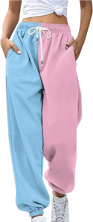 Womens Casual Joggers with Pockets Loose Fit Drawstring Waist Active Gym Sweatpants Teen Girls Fashion Two Tone Lounge Slacks
