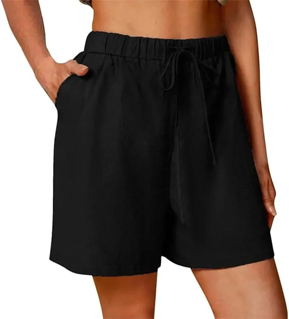 Women's Casual Shorts Drawstring Solid Color Cotton Linen Short Female Loose Straight Jogging