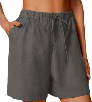 Women's Casual Shorts Drawstring Solid Color Cotton Linen Short Female Loose Straight Jogging