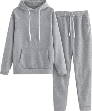 Women's Casual Solid Hooded Drawstring Loose Long Sleeve Sweatshirt Tops And Long Pants Set Suits