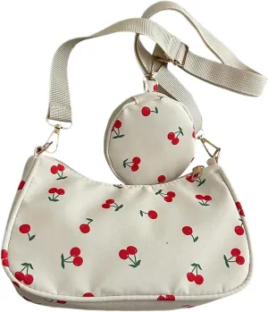 Women's Cherry Graphic Zipper Crossbody Bag Adjustable Strap Cute Hobo Bag with Small Purses
