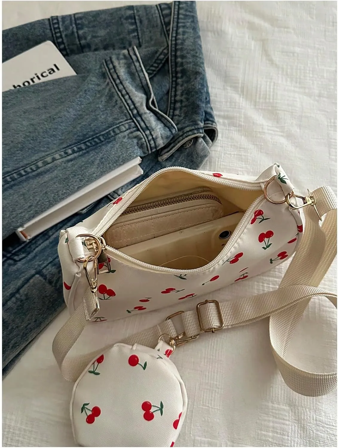 Women's Cherry Graphic Zipper Crossbody Bag Adjustable Strap Cute Hobo Bag with Small Purses
