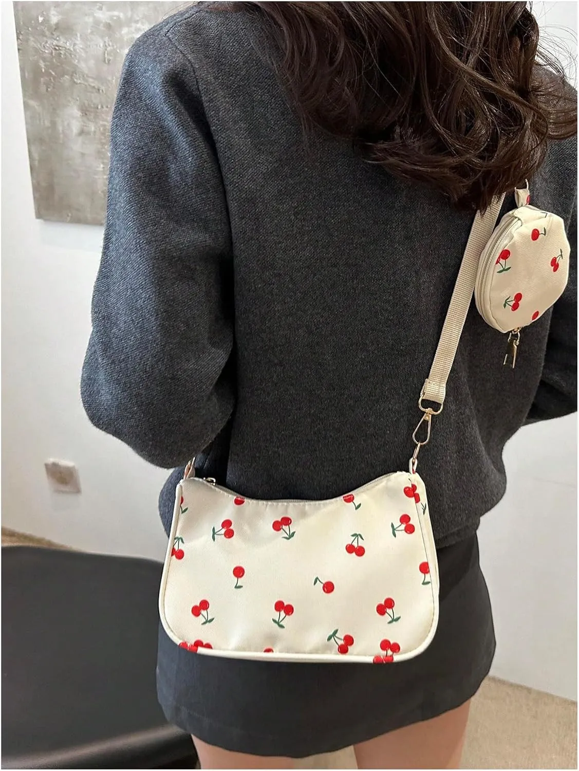 Women's Cherry Graphic Zipper Crossbody Bag Adjustable Strap Cute Hobo Bag with Small Purses