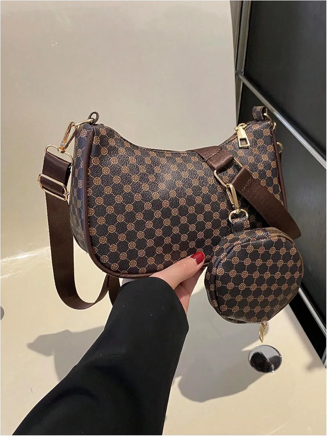 Women's Cherry Graphic Zipper Crossbody Bag Adjustable Strap Cute Hobo Bag with Small Purses