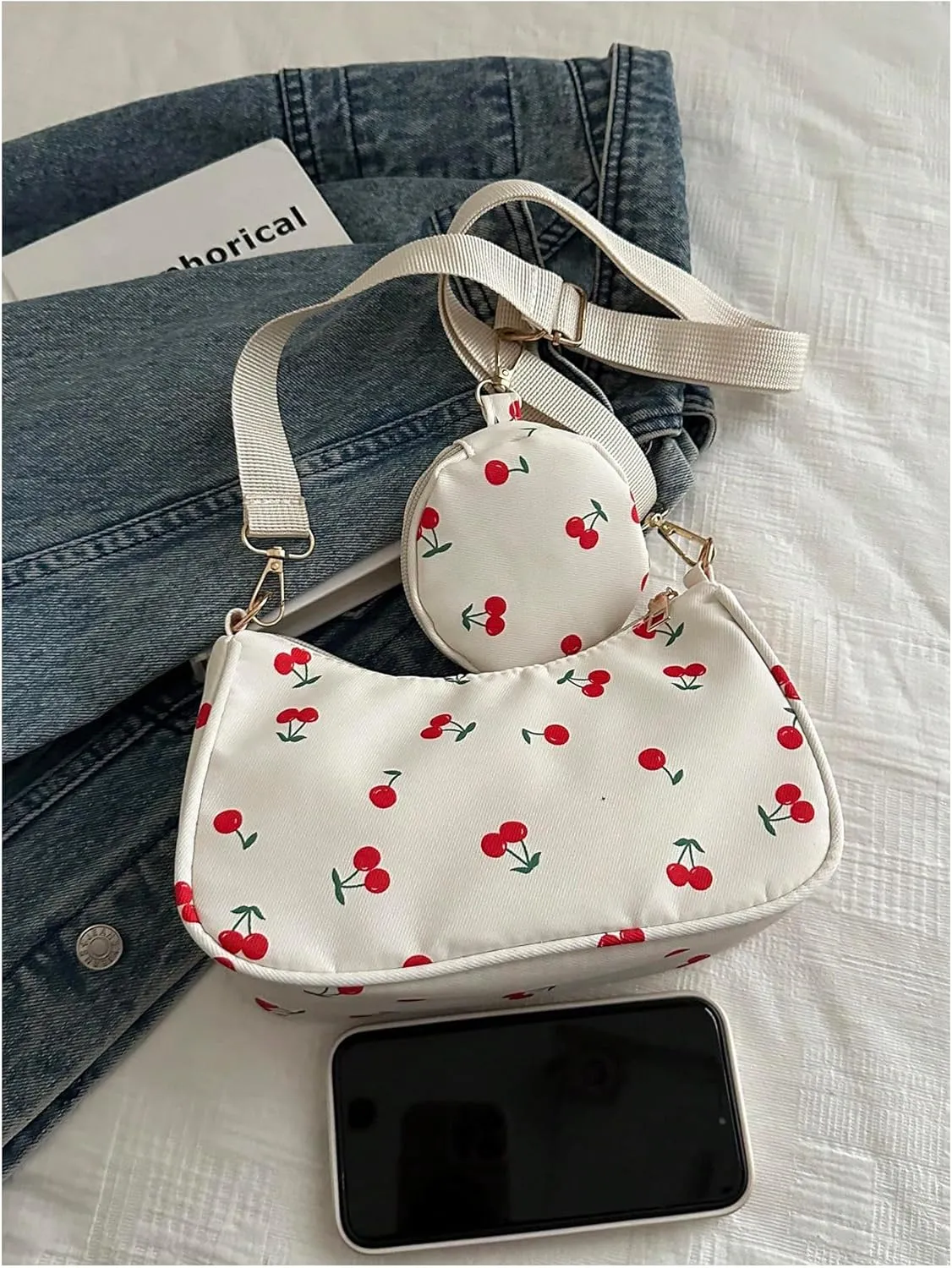Women's Cherry Graphic Zipper Crossbody Bag Adjustable Strap Cute Hobo Bag with Small Purses