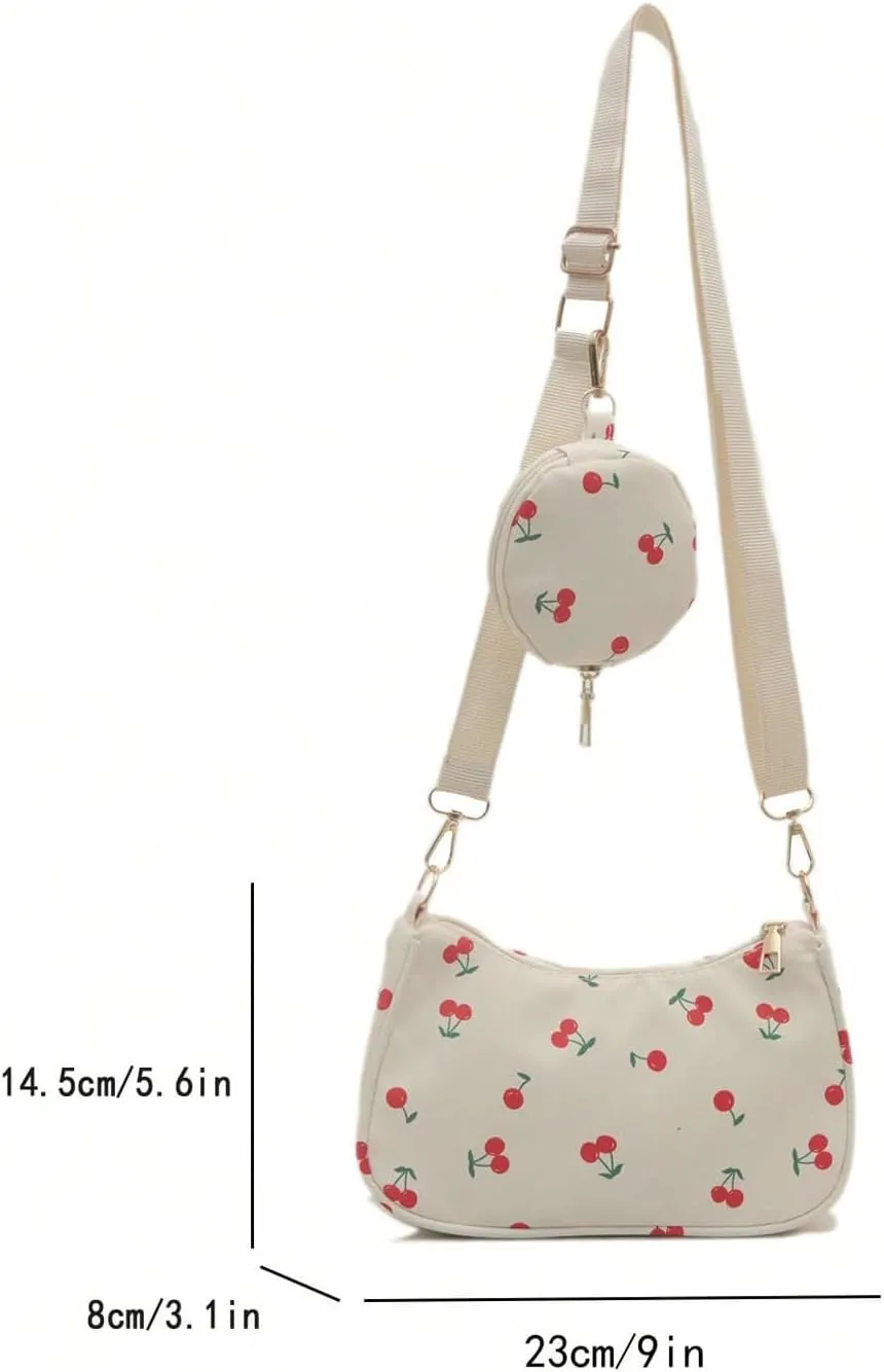 Women's Cherry Graphic Zipper Crossbody Bag Adjustable Strap Cute Hobo Bag with Small Purses