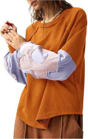 Women's Color Block Crew Neck Sweatshirt Floral Decor Long Sleeve Pullover Tops Boho Shirt