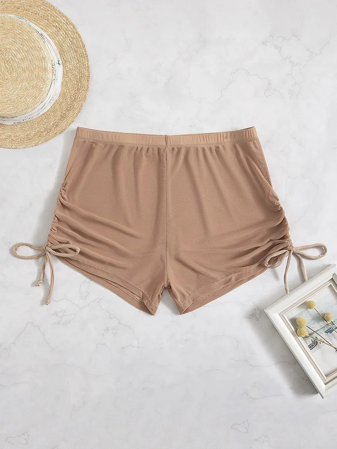 Women's Drawstring Side Mesh Sheer Beach Summer Cover Up Shorts Bikini Bottoms