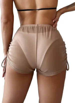Women's Drawstring Side Mesh Sheer Beach Summer Cover Up Shorts Bikini Bottoms