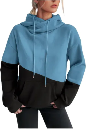 Womens Fashionable Hoodies Color Blocked Sweatshirts Drawstring Hooded Pullover with Pocket Casual Fall Outfits