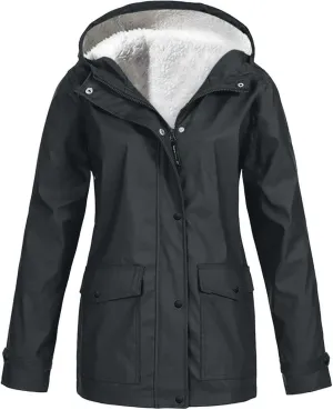 Women's Fleece Lined Rain Jacket Lightweight Waterproof Rain Jackets Casual Zip Hooded Hiking Travel Trench Coats