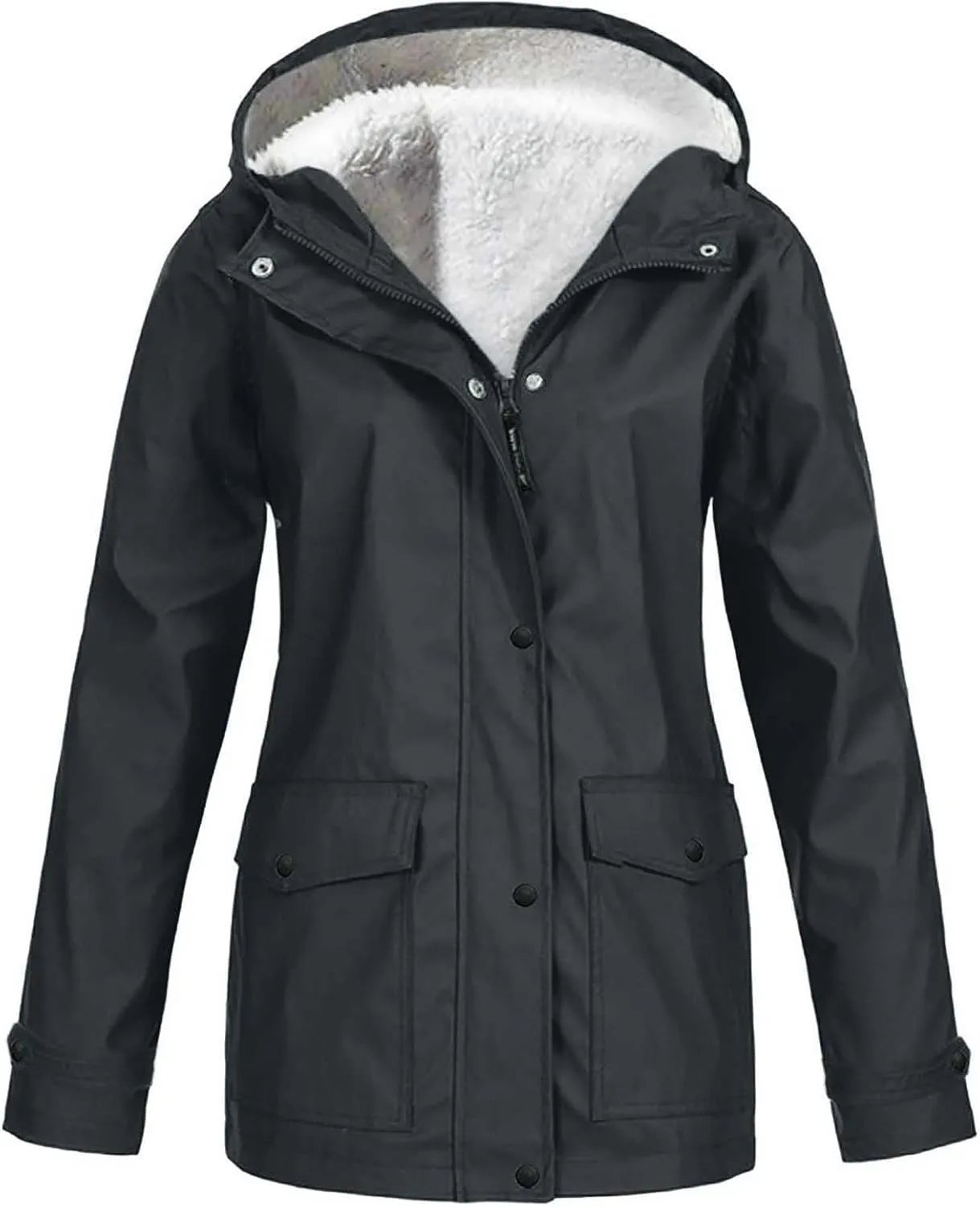Women's Fleece Lined Rain Jacket Lightweight Waterproof Rain Jackets Casual Zip Hooded Hiking Travel Trench Coats