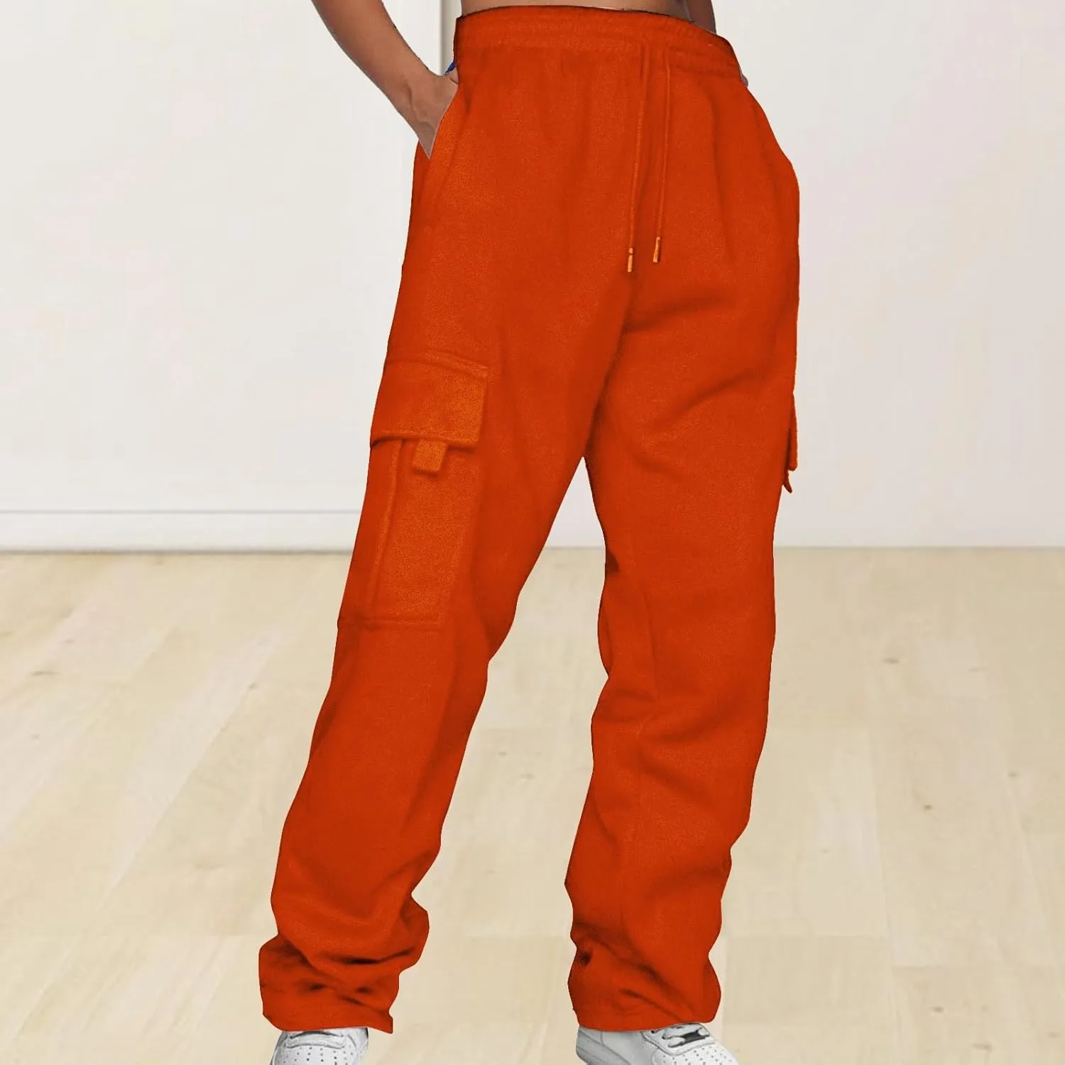 Women’s Fleece Lined Sweatpants Ladies Solid Color Drawstring Elastic Waist Casual Loose Foot Fleece Sweatpants High